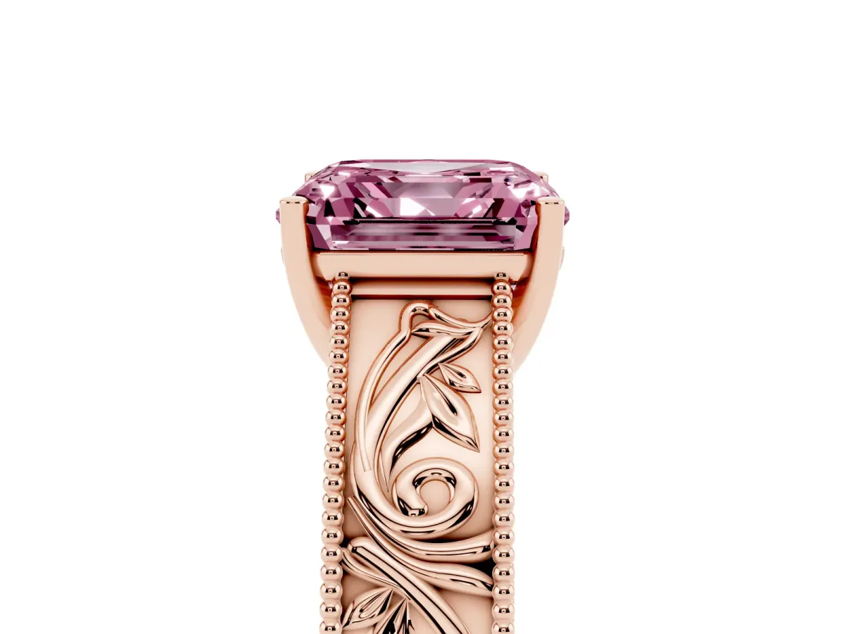 Fancy Pink Asscher Cut Diamond Solitaire Ring with Engraved Band and Four-Prong Setting Rose gold