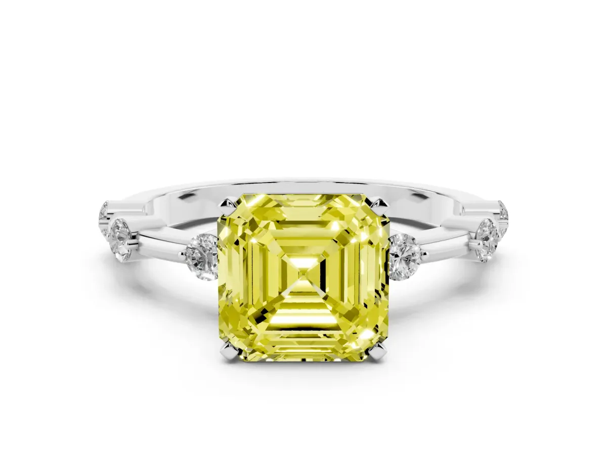 Fancy Yellow Asscher Cut Solitaire Diamond Ring with Bezel Set Side Stones and Prong Setting Silver