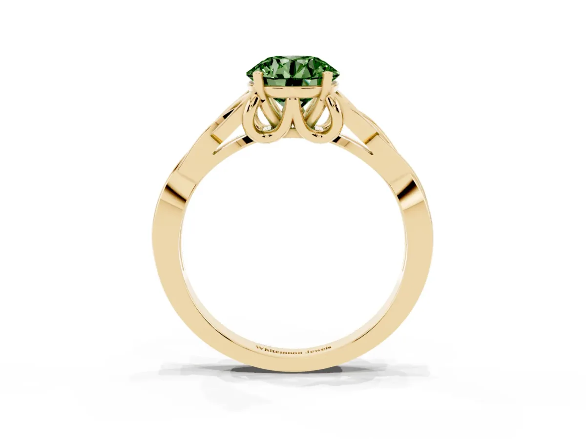 Fancy Green Round Cut Diamond Solitaire Engagement Ring with Celtic Knot Band and Four-Prong Setting Yellow gold