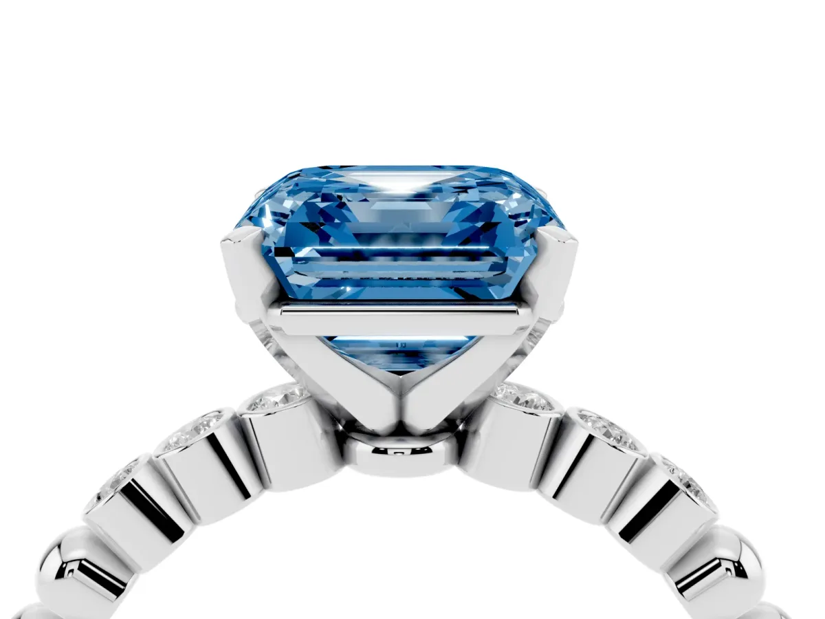 Fancy Blue Asscher Cut Solitaire Bezel Accent Diamond Engagement Ring with Beaded Band and Four-Prong Setting White gold