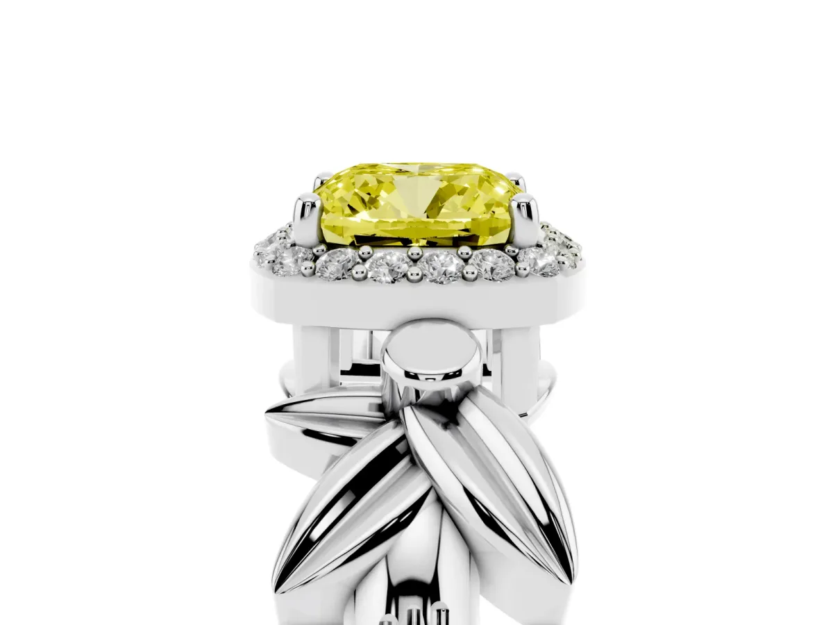 Fancy Yellow Cushion Cut Halo Diamond Floral Band with Four-Prong Setting Platinum