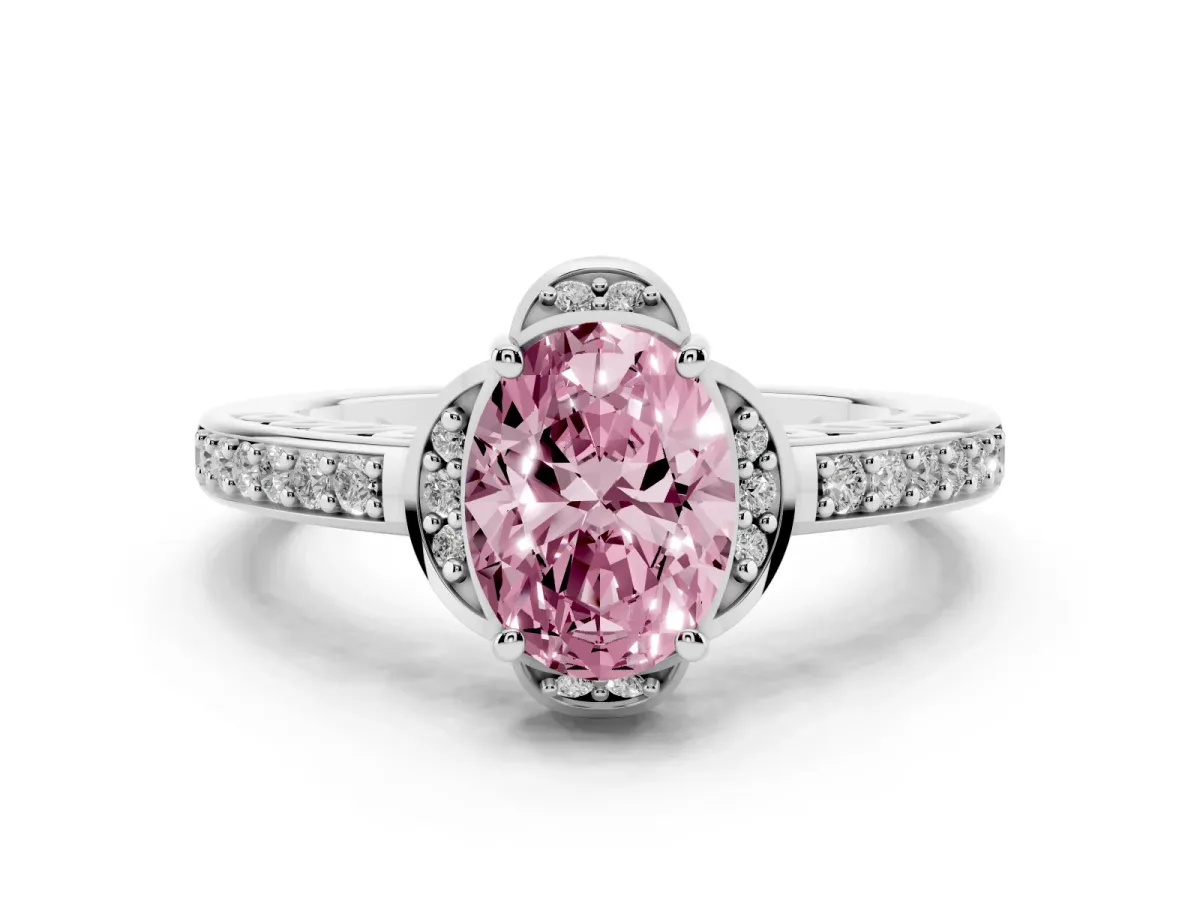 Fancy Pink Oval Cut Cut Halo Diamond Ring with Channel Set Band and Four-Prong Setting Silver