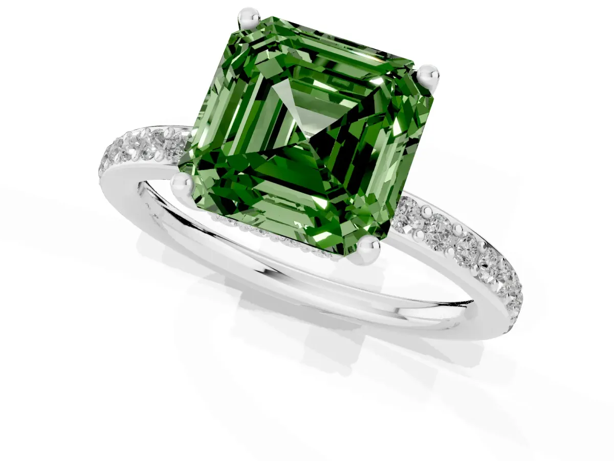 Fancy Green Asscher Cut Cut Diamond Pavé Band Ring with Four-Prong Setting Platinum