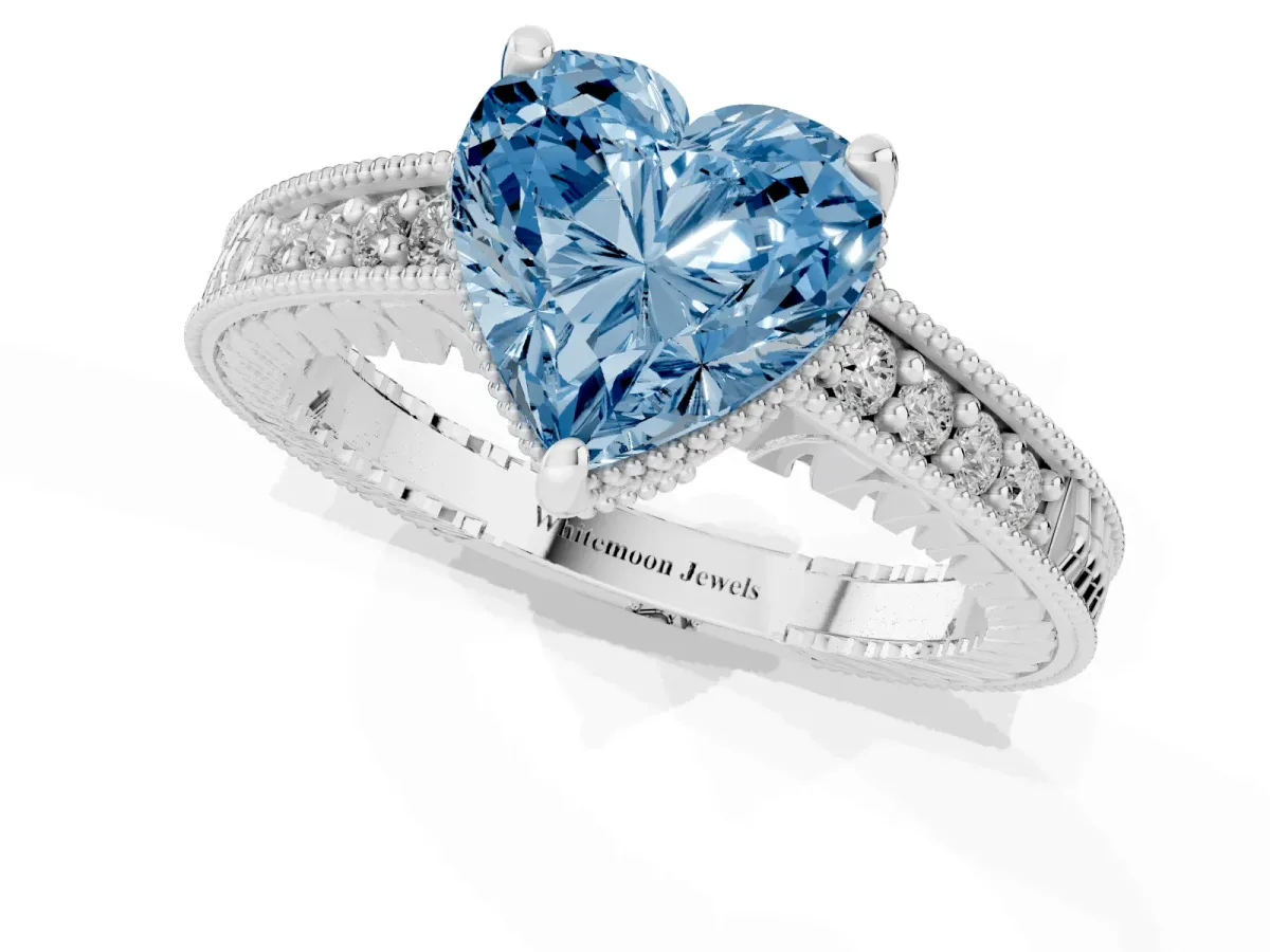 Fancy Blue Heart Cut Solitaire Pavé Diamond Milgrain Engagement Ring with Four-Prong Setting Silver