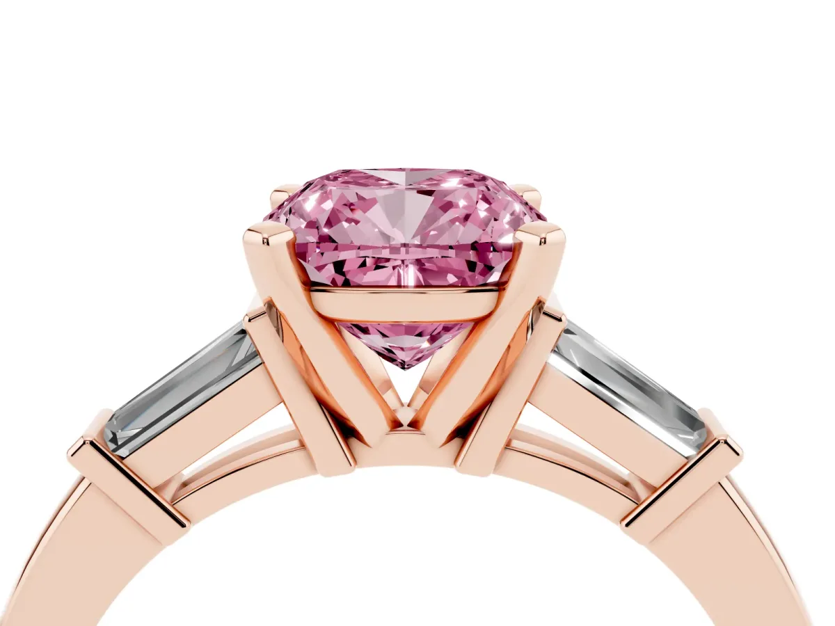 Fancy Pink Cushion Cut Cut Diamond Solitaire Ring with Tapered Baguette Accents and Four-Prong Setting Rose gold