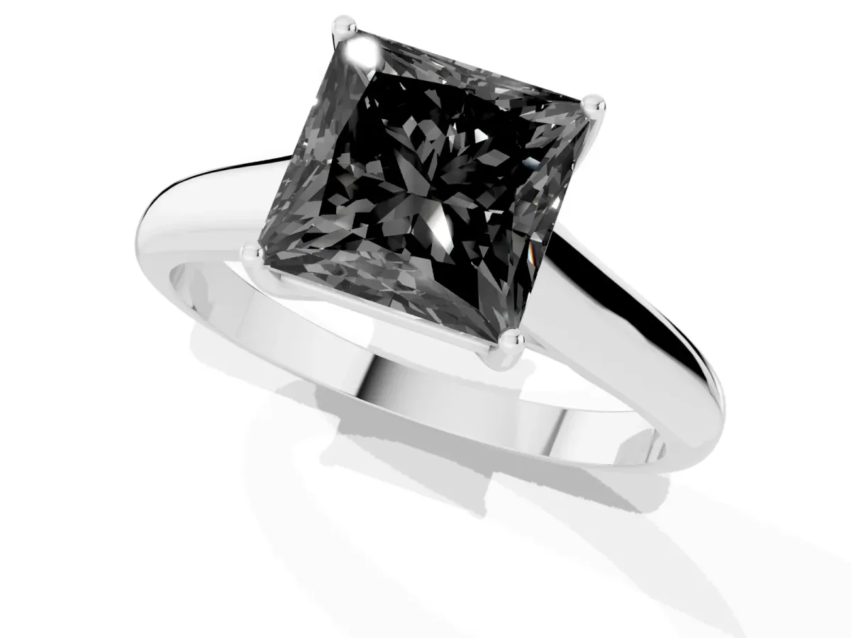 Fancy Black Princess Cut Solitaire Engagement Ring with Tapered Band and Four-Prong Setting Silver