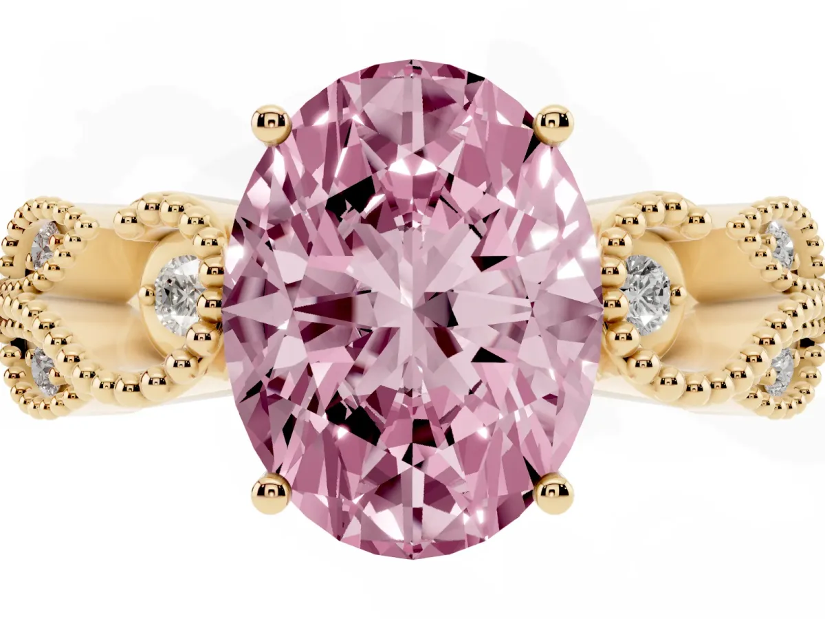 Fancy Pink Oval Cut Solitaire Milgrain Leaf Band with Prong Setting Yellow gold