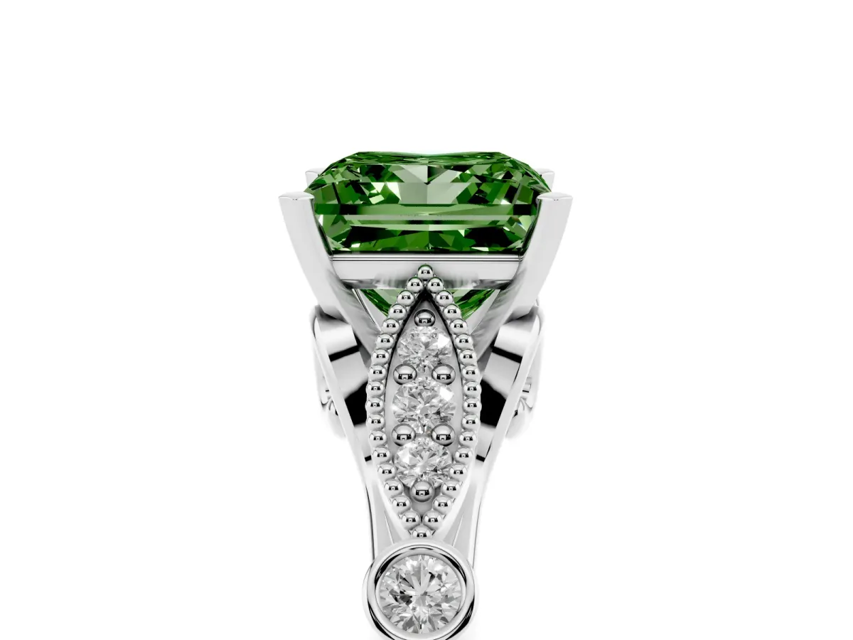 Fancy Green Princess Cut Cut Diamond with Milgrain Marquise and Bezel Accents on a Solitaire Band with Prong Setting White gold