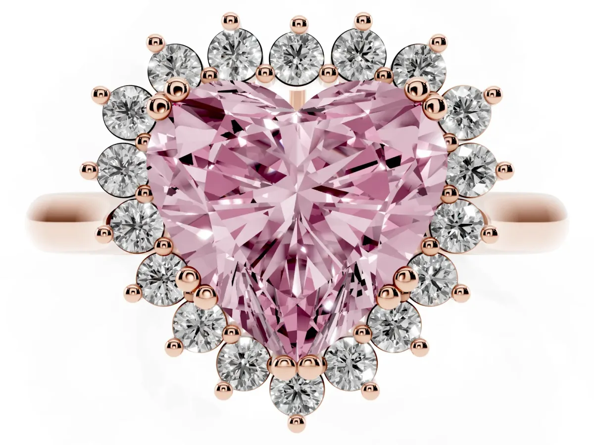 Fancy Pink Heart Cut Cut Diamond Halo Ring with Solitaire Band and Prong Setting Rose gold