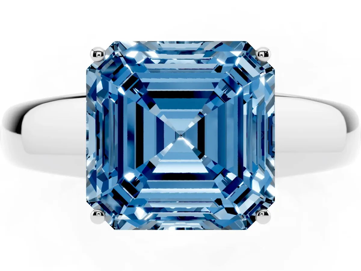 Fancy Blue Asscher Cut Solitaire Diamond Ring with Tapered Band and Four-Prong Setting Silver
