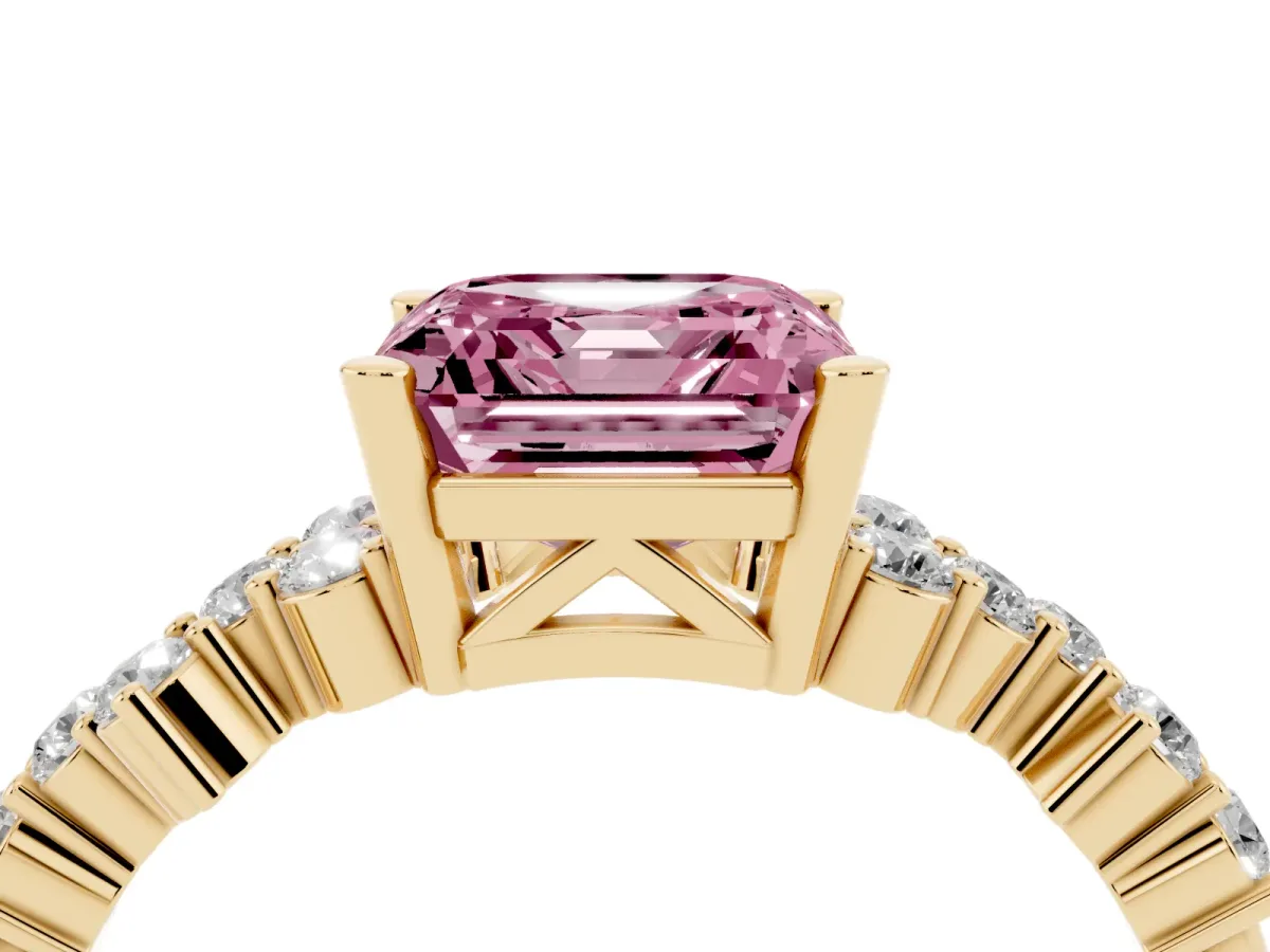 Fancy Pink Asscher Cut Diamond Scattered Round Accent Ring with Prong Setting Yellow gold
