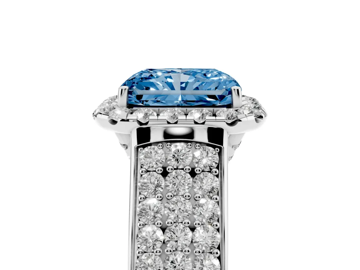 Fancy Blue Radiant Cut Halo Round Diamond Pave Band with Prong Setting Silver