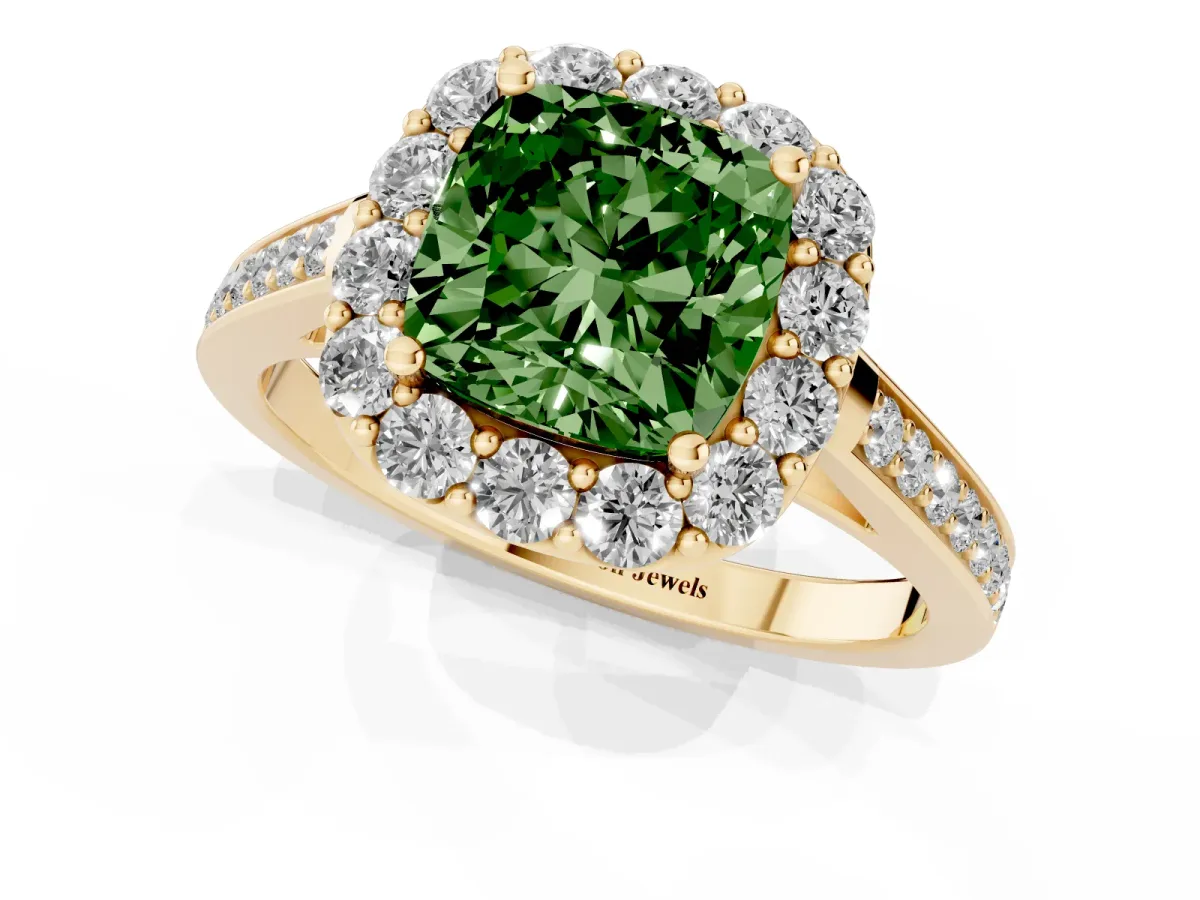 Fancy Green Cushion Cut Diamond Floral Halo Ring with Pavé Band and Prong Setting Yellow gold