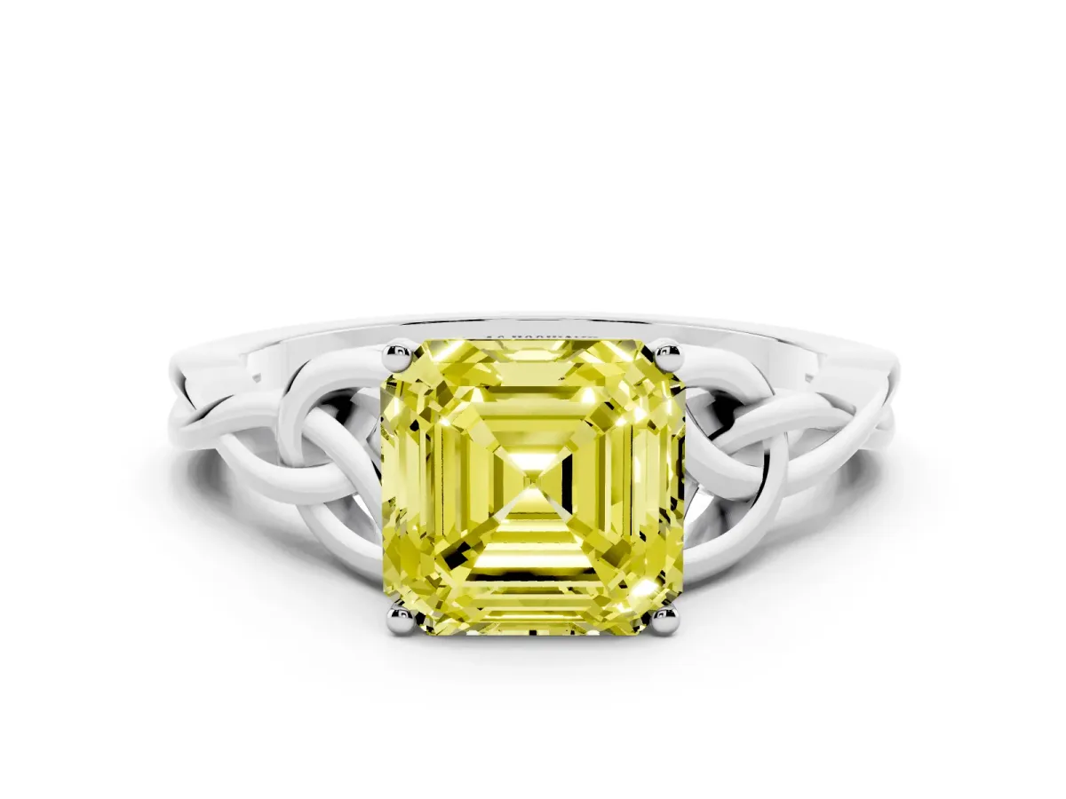 Fancy Yellow Asscher Cut Diamond Solitaire Engagement Ring with Celtic Knot Band and Four-Prong Setting White gold