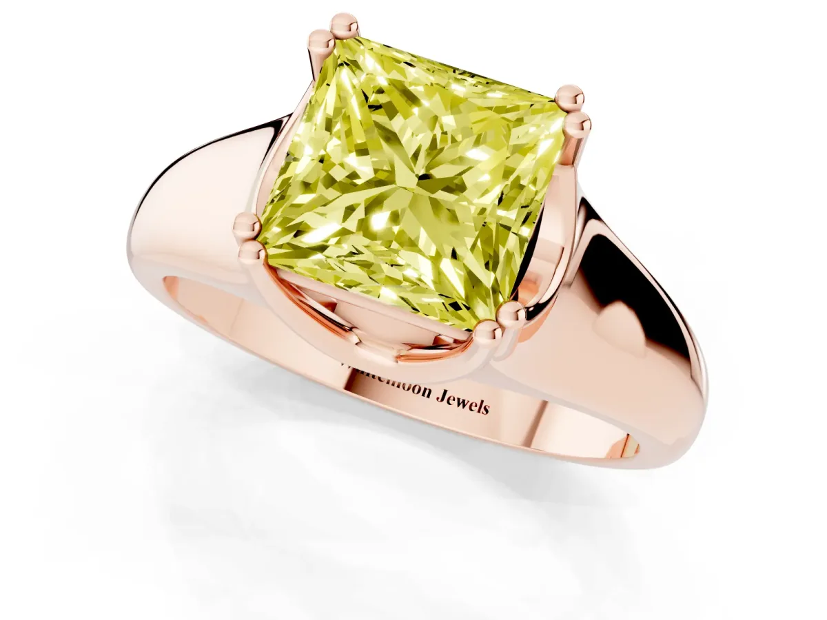 Fancy Yellow Princess Cut Diamond Solitaire Ring with Wide Band and Prong Setting Rose gold