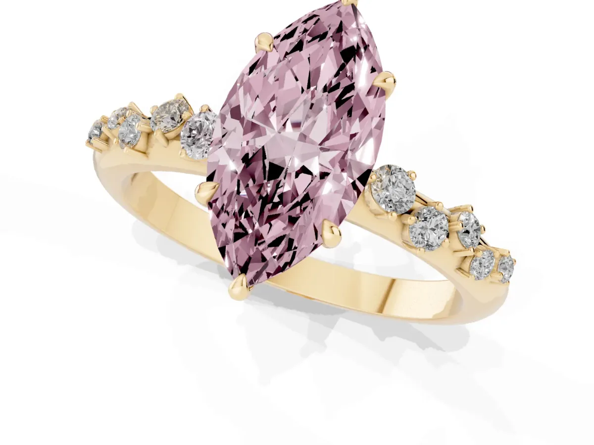 Fancy Pink Marquise Cut Diamond Cluster Prong-Set Solitaire Ring Yellow gold