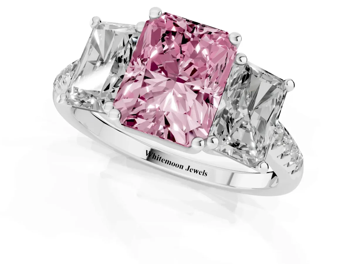 Fancy Pink Three-Stone Radiant Cut Diamond Ring with Round Pavé Band and Prong Setting Silver