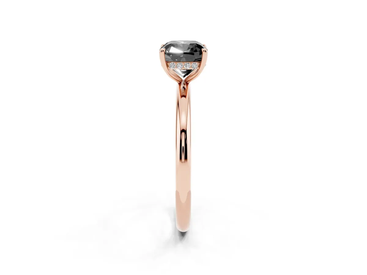 Fancy Black Cushion Cut Diamond Solitaire Ring with Thin Band and Four-Prong Setting Rose gold