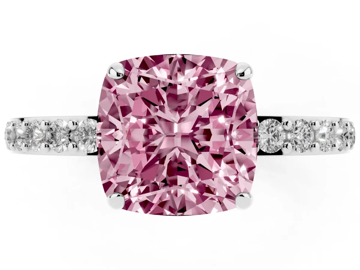 Fancy Pink Cushion Cut Diamond Solitaire Engagement Ring with Pavé Band and Four-Prong Setting White gold