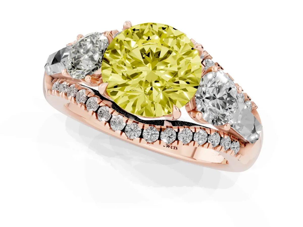 Fancy Yellow Three-Stone Round Cut Diamond Engagement Ring with Pave Band and Prong Setting Rose gold