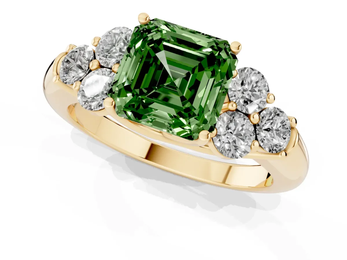 Fancy Green Asscher Cut Cut Diamond Cluster Ring with Round Accent Stones and Prong Setting on a Classic Band Yellow gold