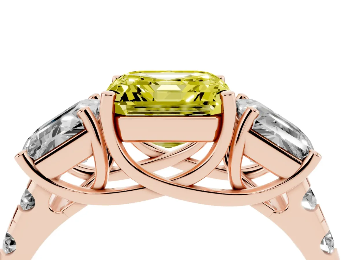 Fancy Yellow Three-Stone Asscher Cut Diamond Pavé Band with Prong Setting Rose gold