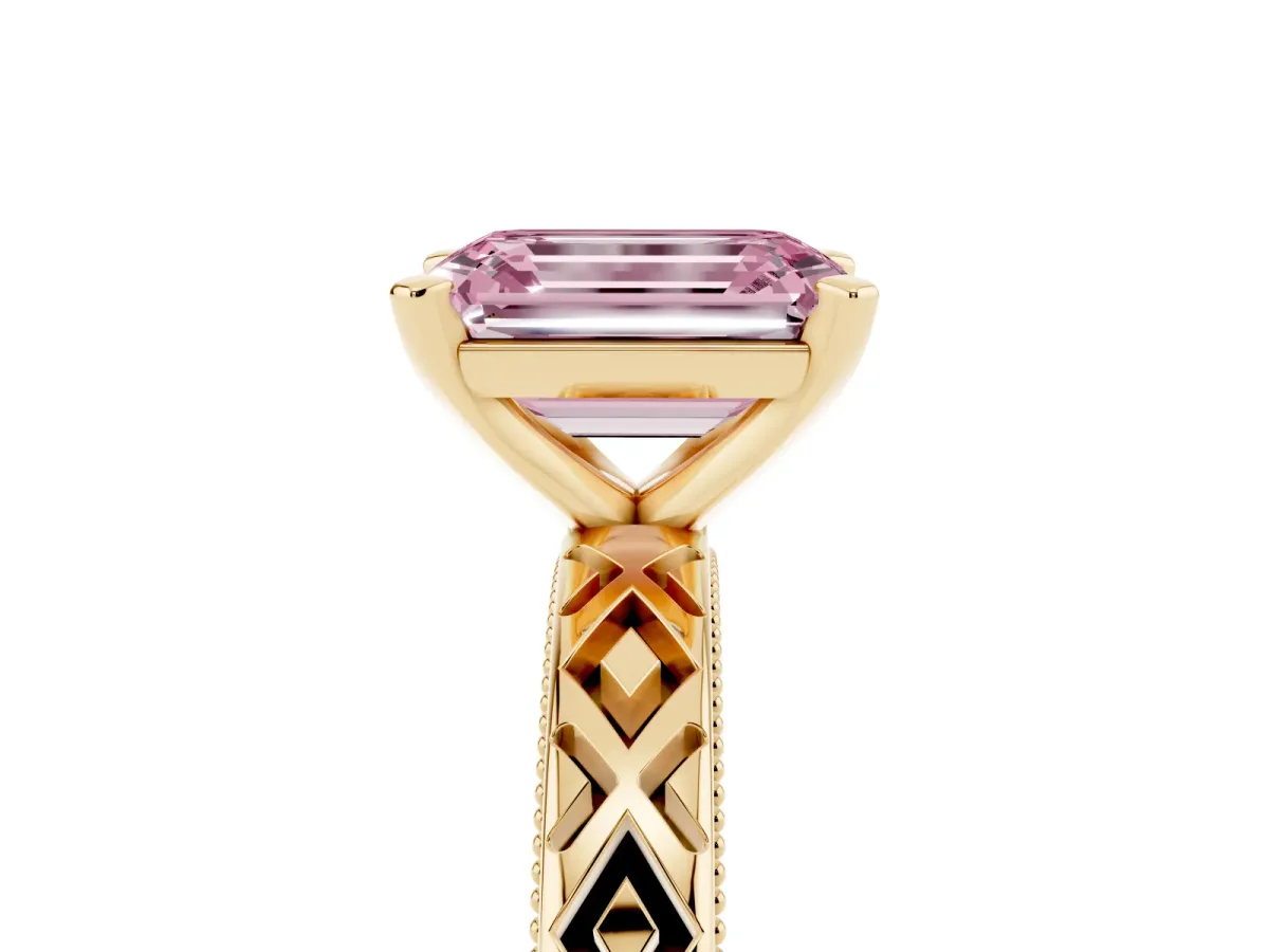 Fancy Pink Emerald Cut Solitaire Diamond Ring with Milgrain and Black Enamel X Pattern Band Yellow gold