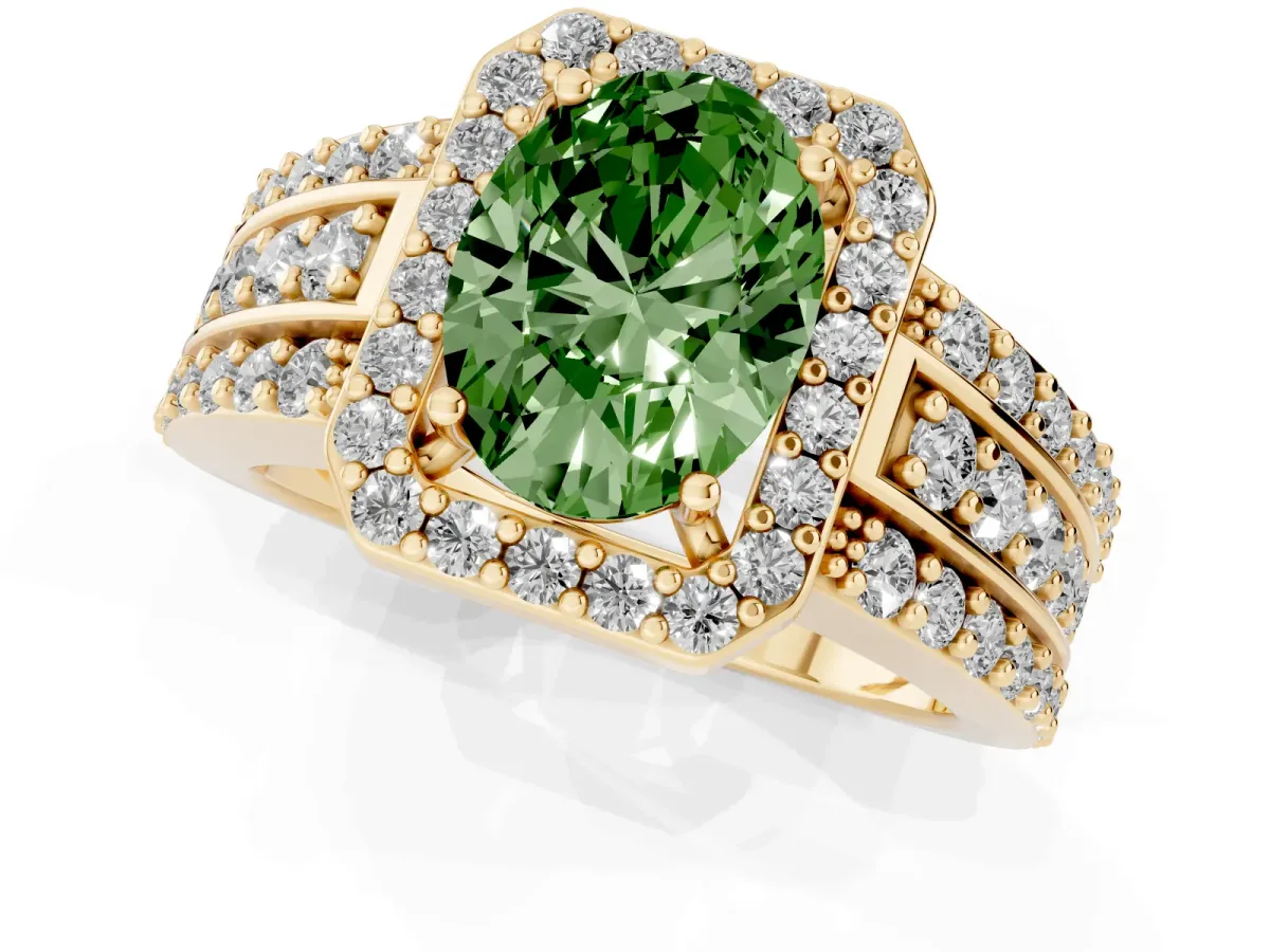 Fancy Green Oval Cut Halo Diamond Ring with Round Split Shank and Prong Setting Yellow gold