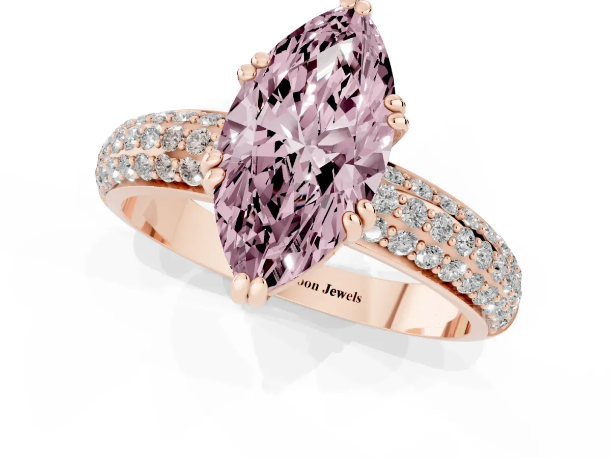 Fancy Pink Marquise Cut Diamond Solitaire Ring with Multi-Row Round Pavé Band and Prong Setting Rose gold