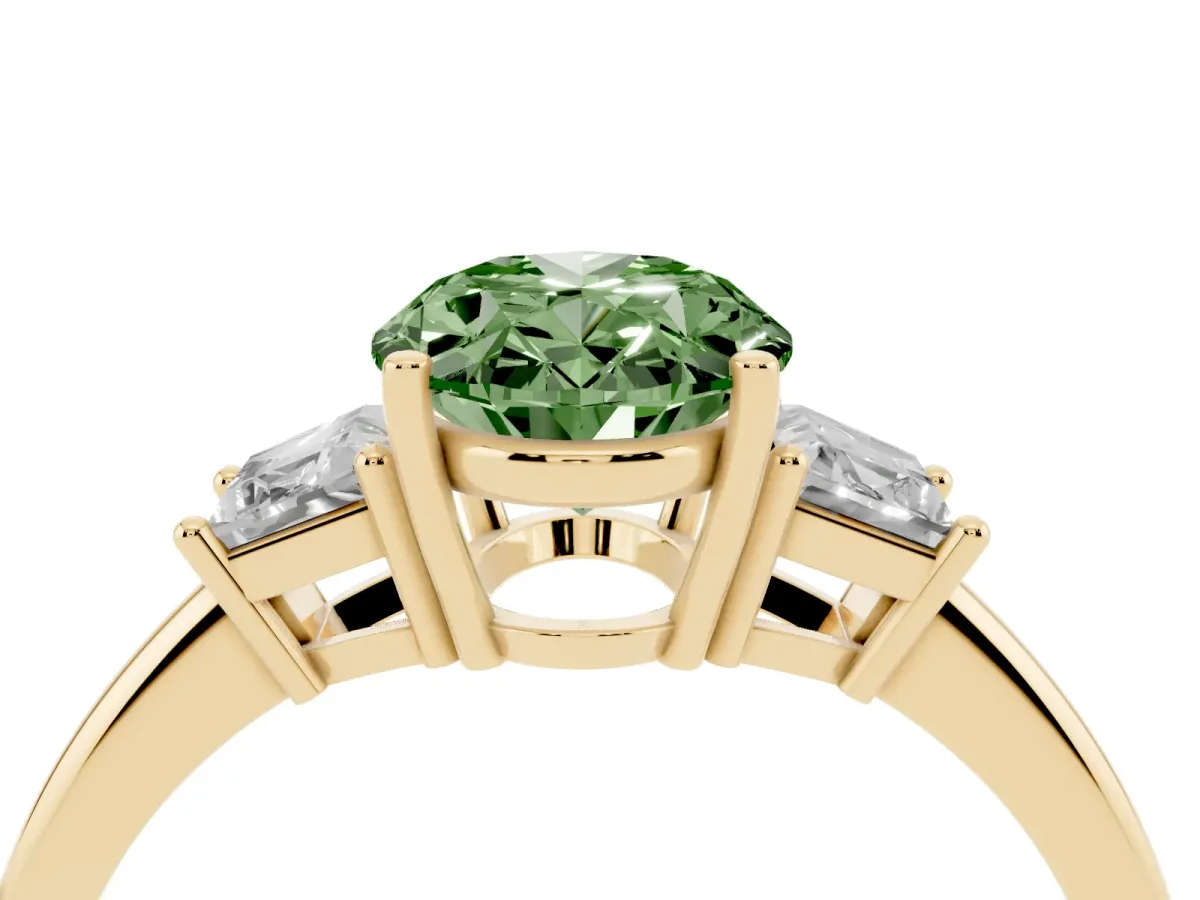 Fancy Green Oval Cut Diamond Three-Stone Ring with Trapezoid Side Stones and Prong Setting Yellow gold