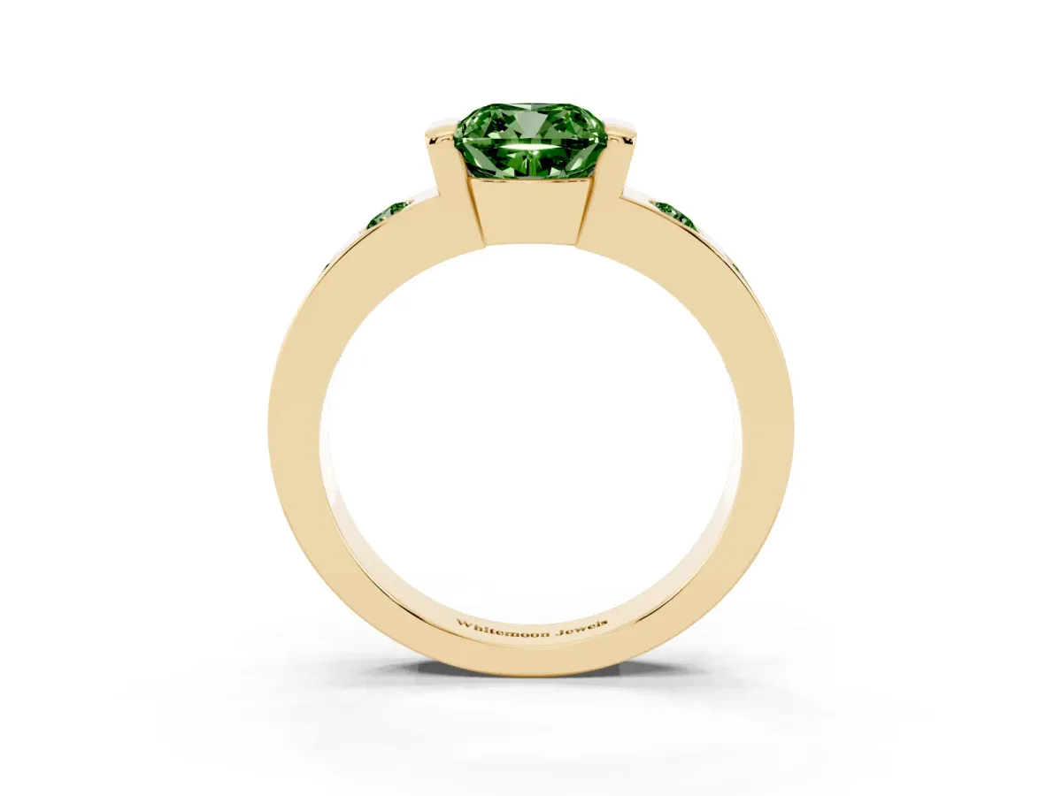 Fancy Green Cushion Cut Brilliant Channel-Set Diamond Ring with Bezel Prong Setting Yellow gold