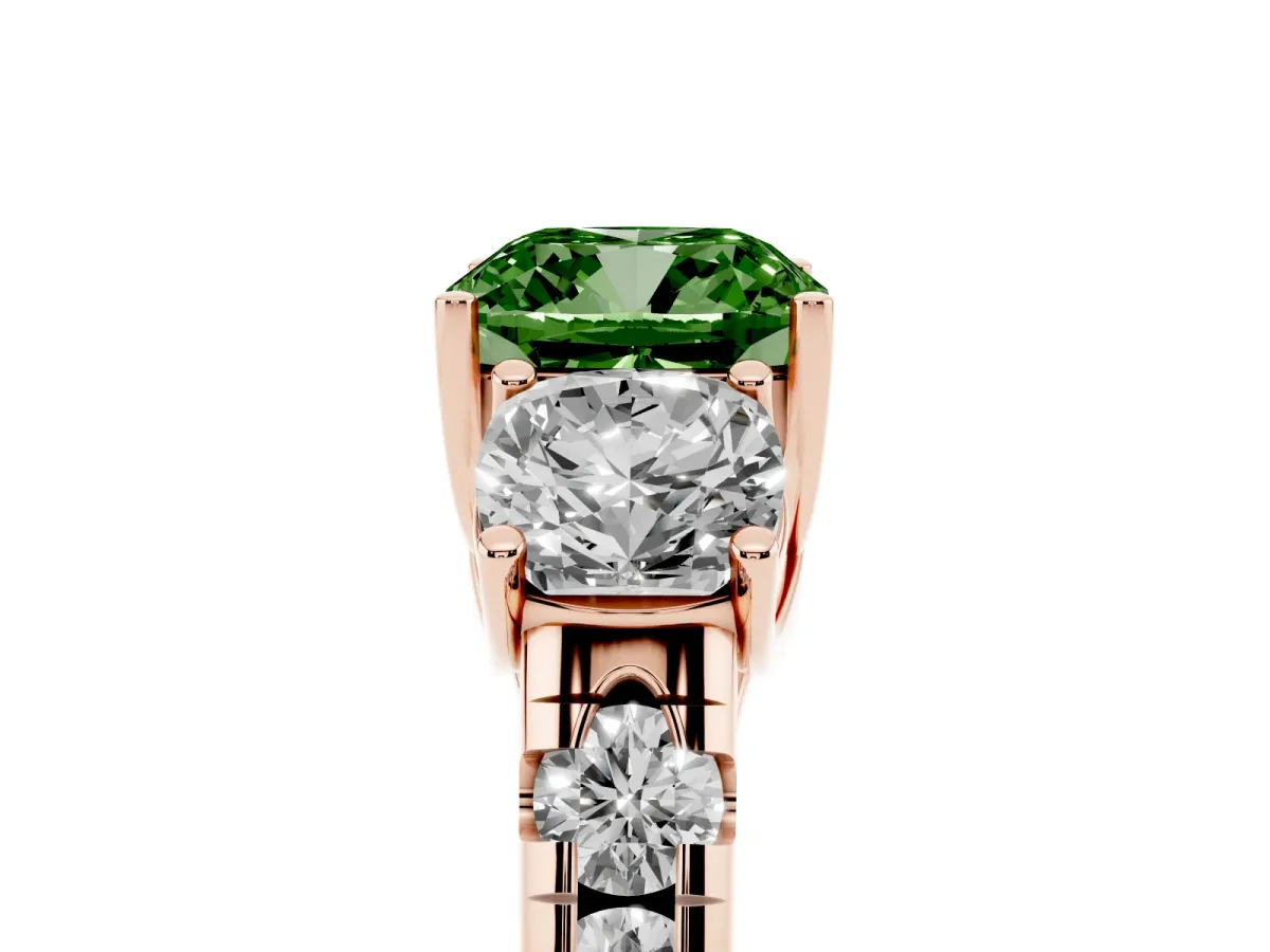 Fancy Green Three-Stone Cushion Cut Diamond Pavé Band with Prong Setting Rose gold