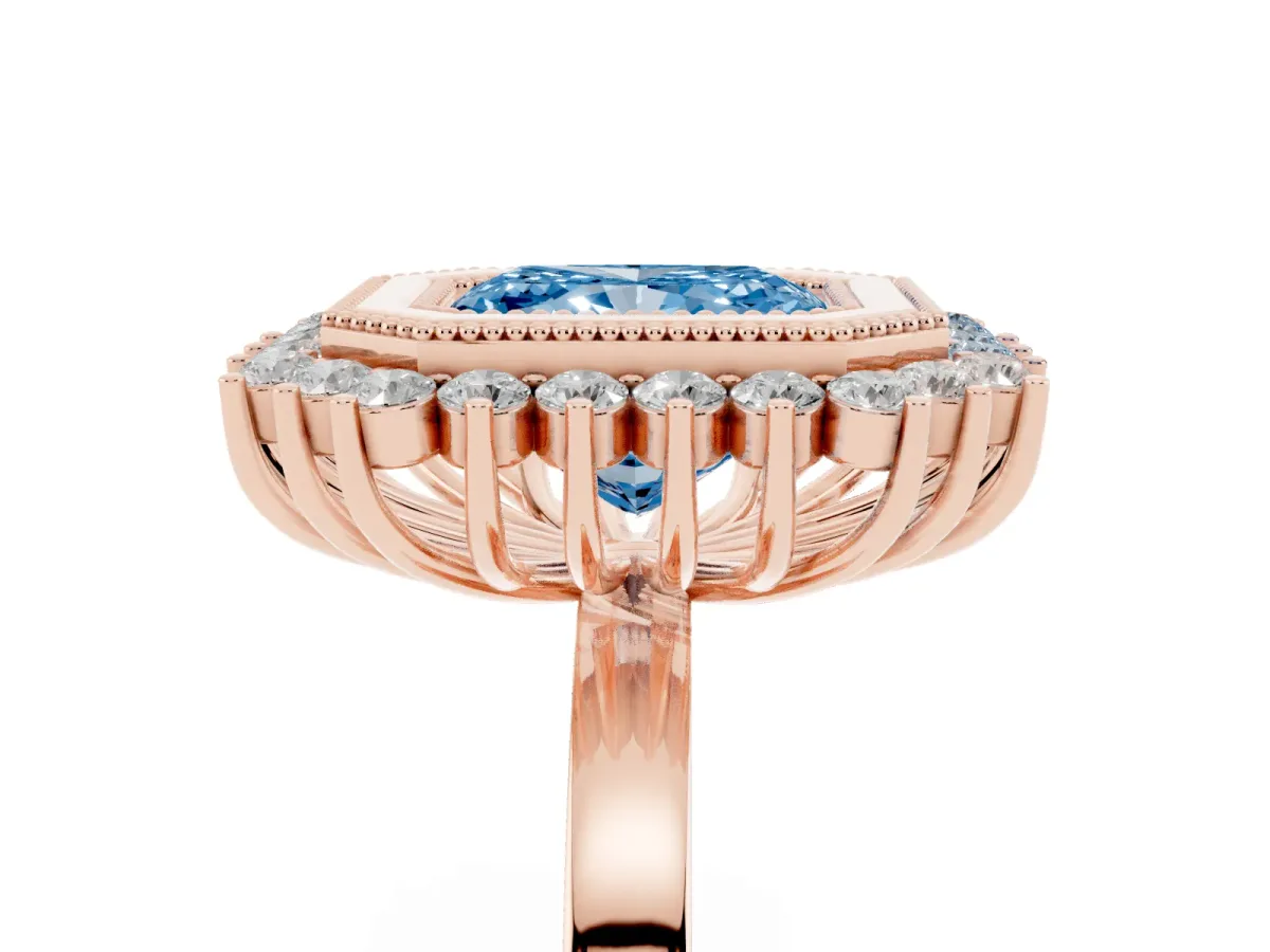 Fancy Blue Radiant Cut Halo Diamond Ring with Milgrain Edge and Round Prong Setting Rose gold