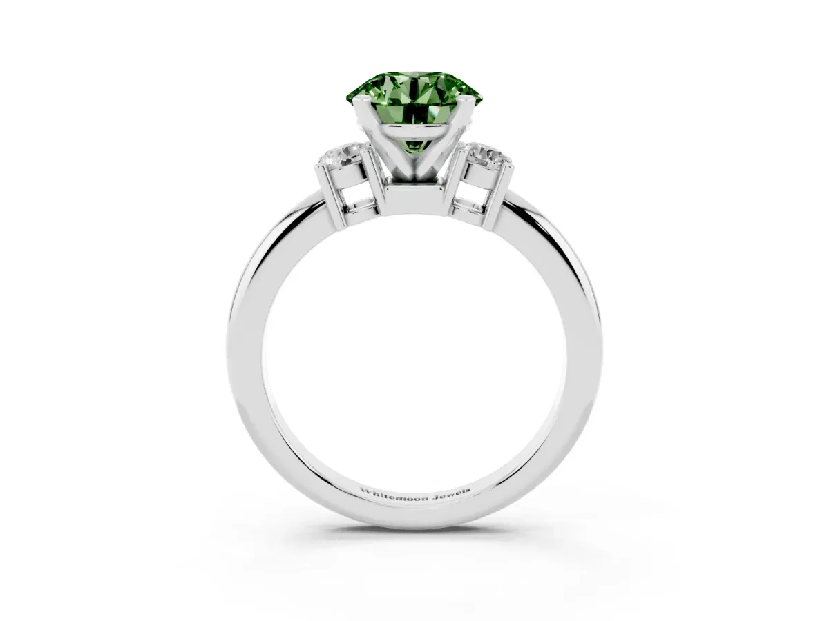 Fancy Green Three-Stone Round Cut Cut Diamond Solitaire with Prong Setting and Classic Band Silver
