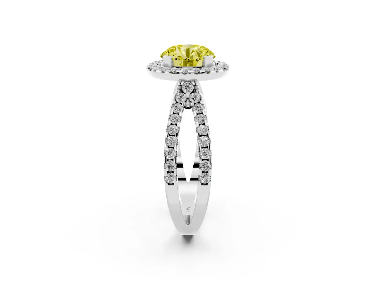 Fancy Yellow Round Cut Diamond Halo Ring with Split Shank Pavé Band and Prong Setting Silver