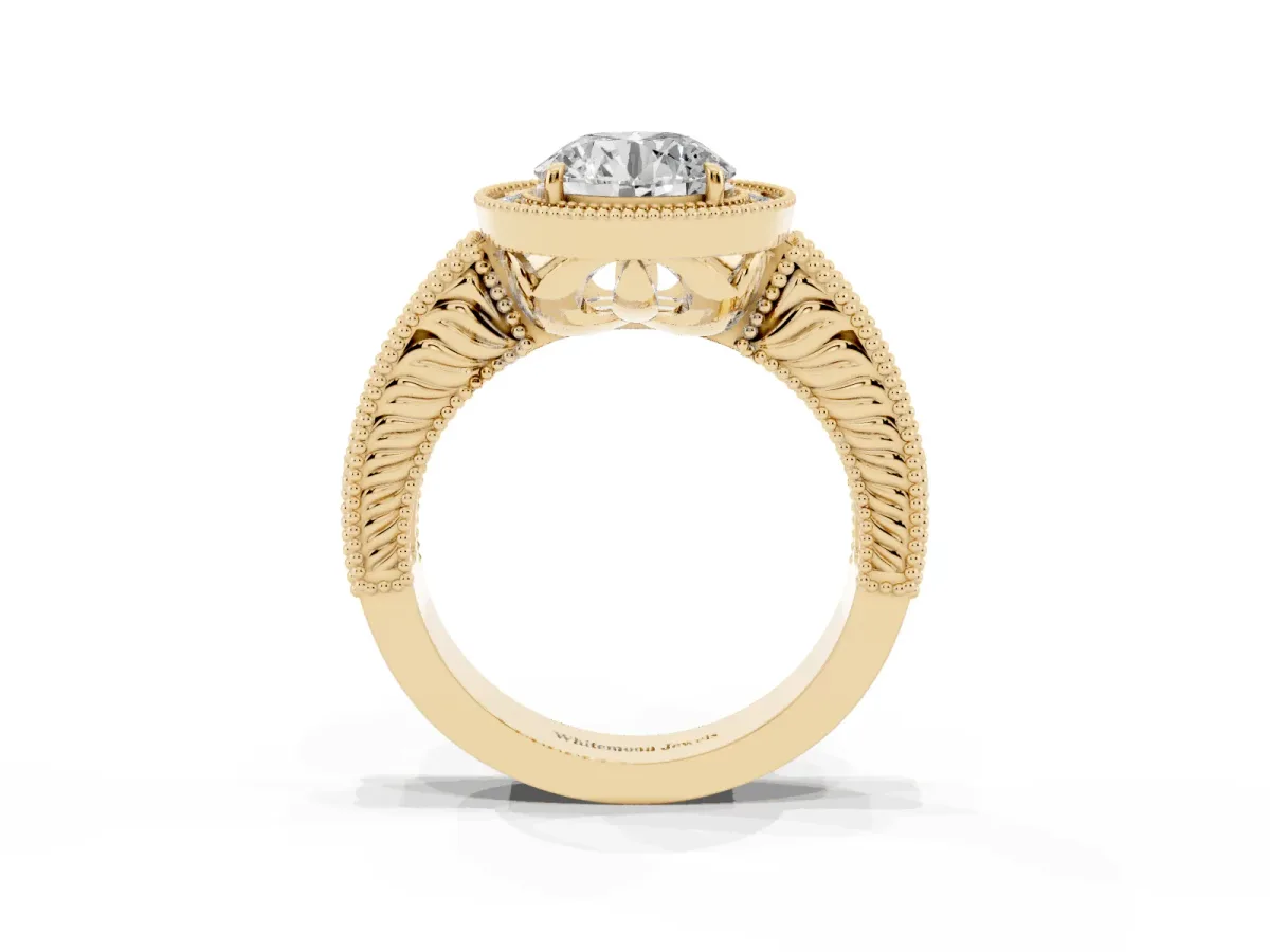 Round Cut Cut Halo Diamond Ring with Pavé Band and Four-Prong Setting Yellow gold