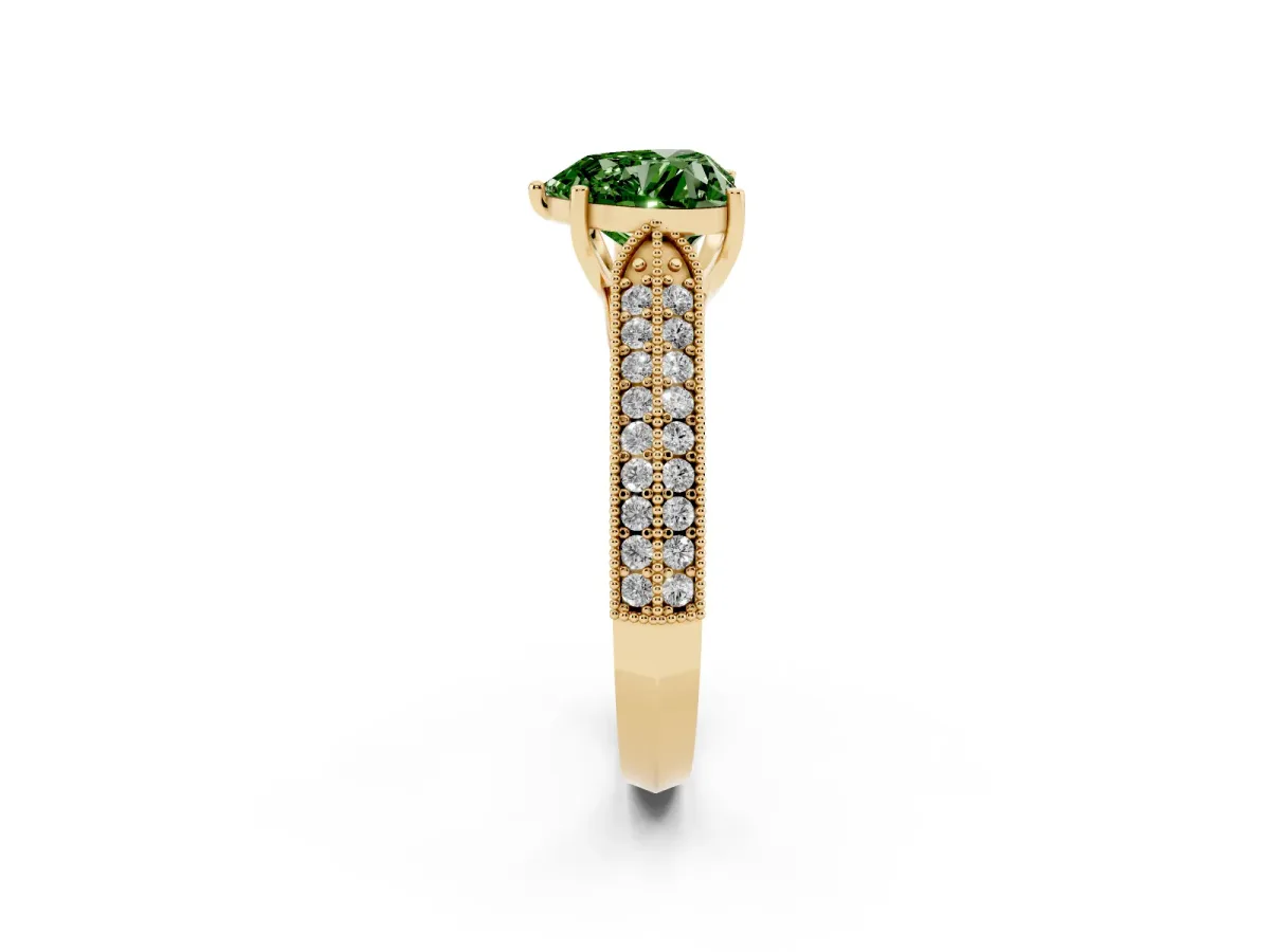 Fancy Green Heart Cut Cut Pave Split Shank Engagement Ring with Four-Prong Setting Yellow gold