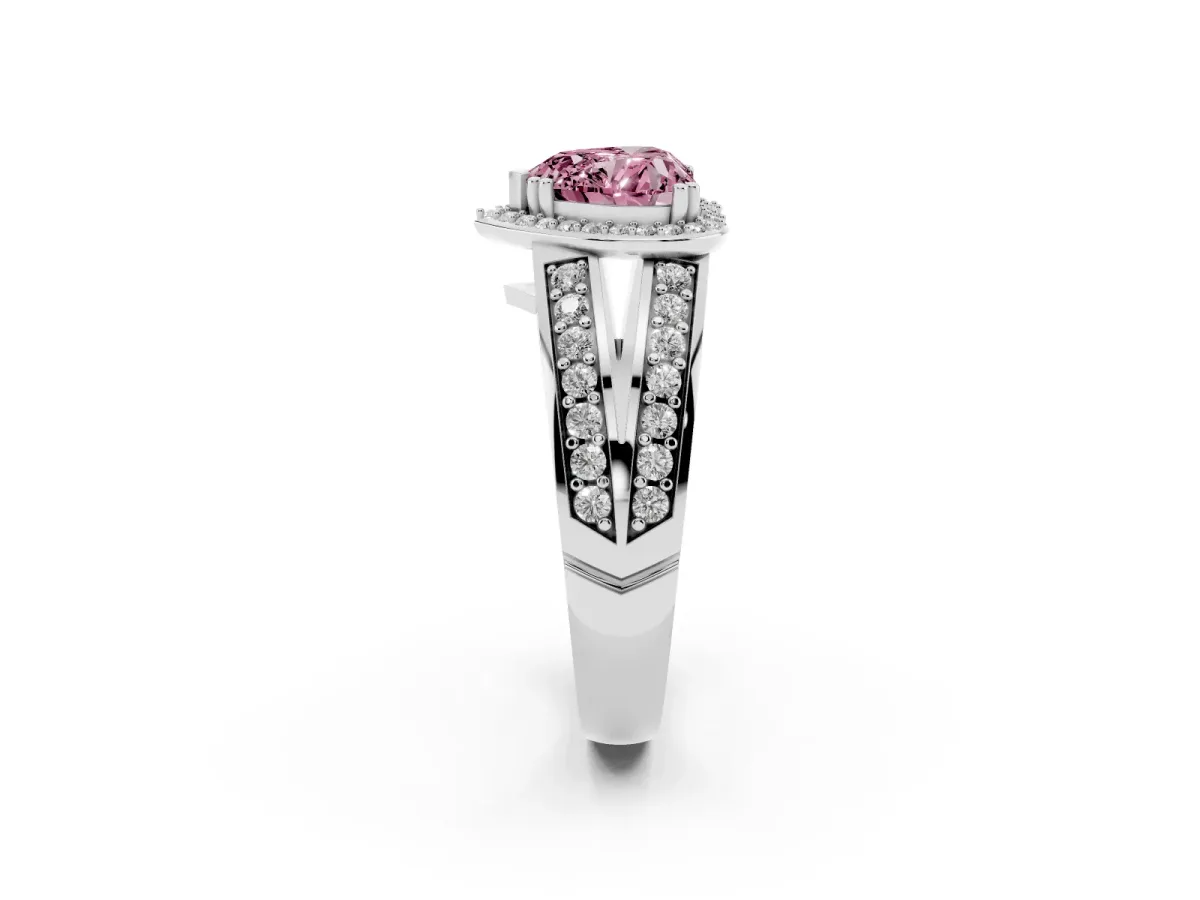 Fancy Pink Heart Cut Diamond Halo Ring with Split Shank Pavé Band and Four-Prong Setting Platinum