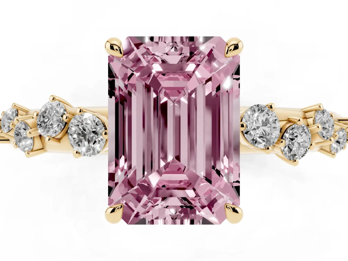 Fancy Pink Emerald Cut Diamond Cluster Prong-Set Solitaire Ring Yellow gold