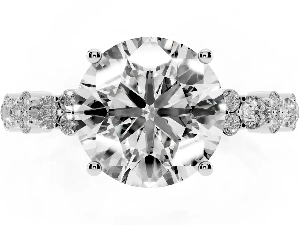 Round Cut Diamond Side Stone Solitaire Ring with Round and Four-Prong Setting Silver