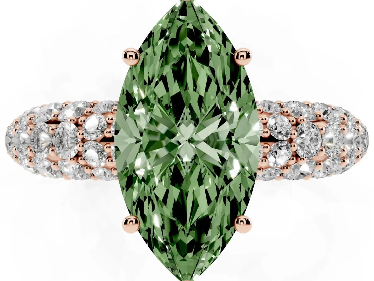 Fancy Green Marquise Cut Diamond Pavé Band Solitaire Ring with Four-Prong Setting Rose gold
