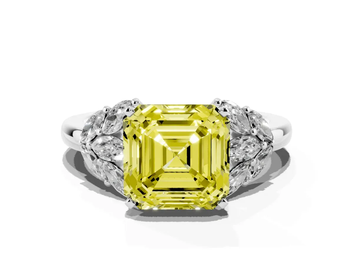 Fancy Yellow Asscher Cut Diamond Cluster Leaf Design Ring with Prong Setting Silver