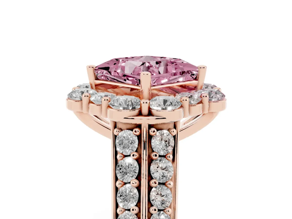 Fancy Pink Princess Cut Halo Diamond Engagement Ring with Split Shank and Prong Setting Rose gold