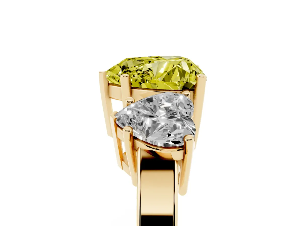 Fancy Yellow Three-Stone Heart Cut Cut Diamond Engagement Ring with Flat Band and Four-Prong Setting Yellow gold