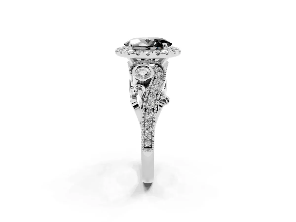 Fancy Black Oval Cut Halo Diamond Ring with Milgrain and Bezel Accents on a Split Shank Band Platinum