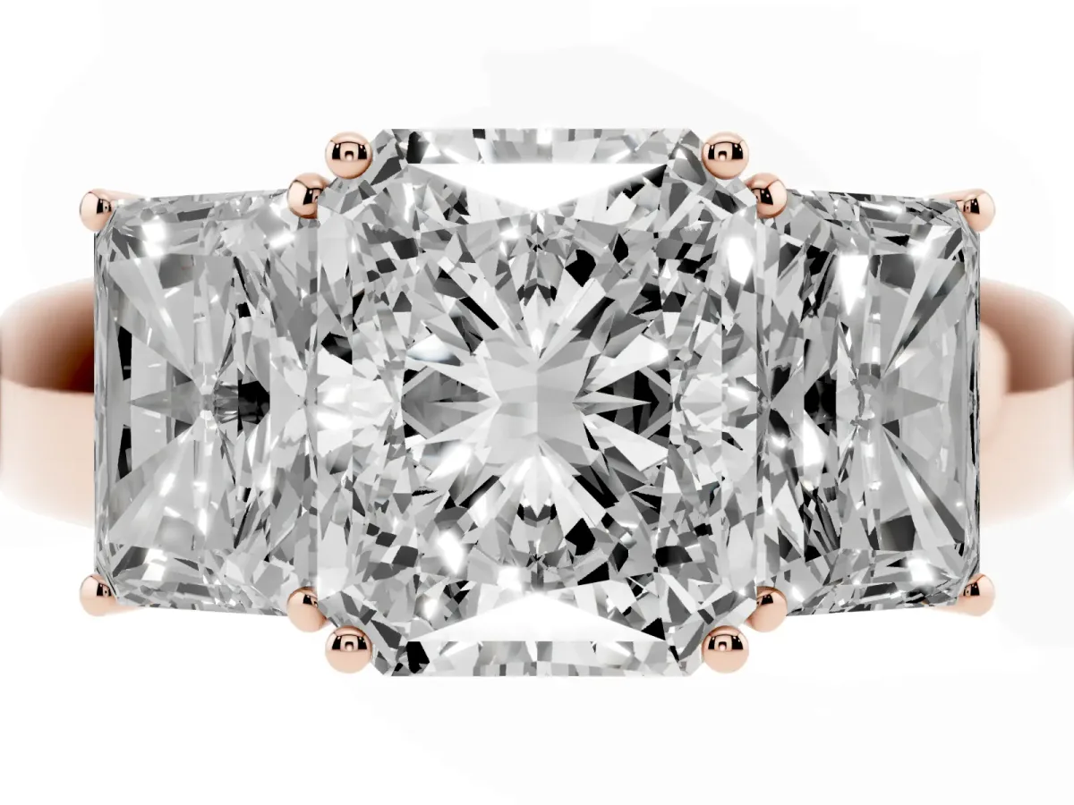 Three-Stone Radiant Cut Cut Diamond Ring with Prong Setting and Classic Band Rose gold