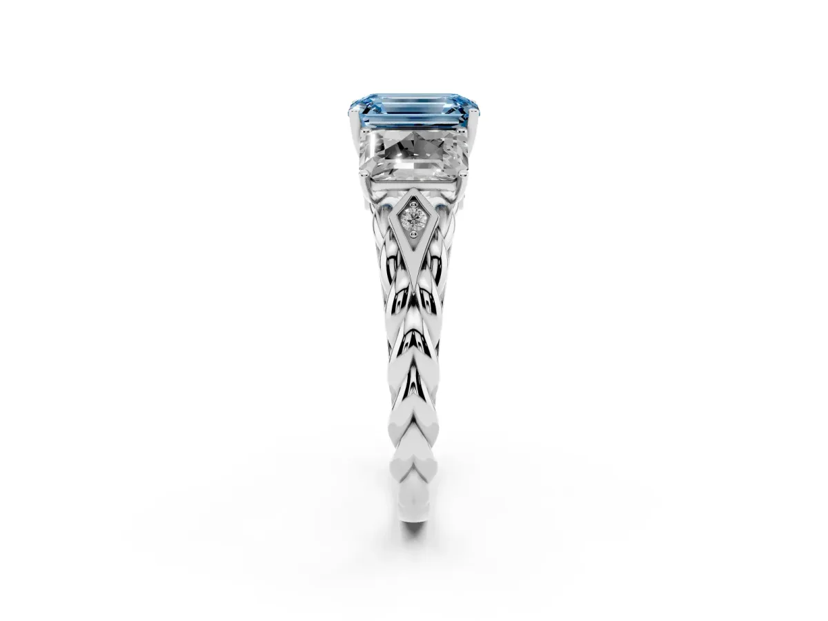 Fancy Blue Three-Stone Radiant Cut Diamond Braided Band Ring with Four-Prong Setting Platinum