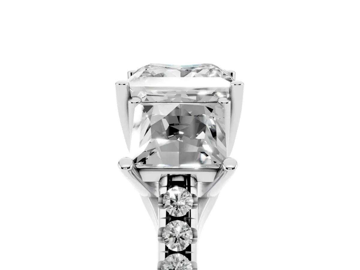 Three-Stone Princess Cut Diamond Ring with Round Pavé Band and Prong Setting Silver