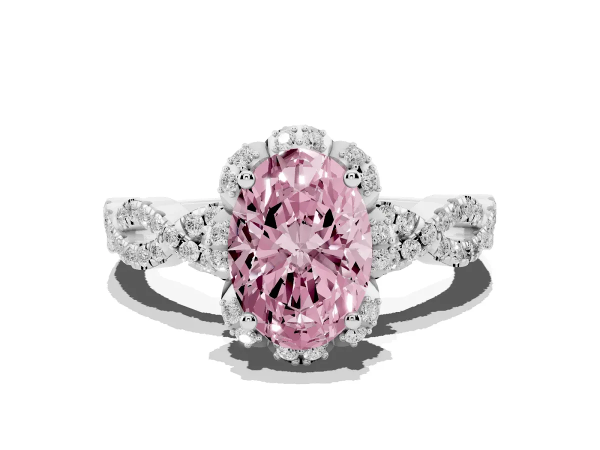 Fancy Pink Oval Cut Halo Twist Band Solitaire Ring with Six-Prong Setting Silver