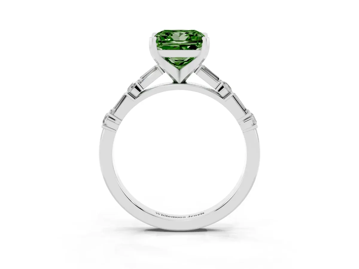 Fancy Green Princess Cut Diamond Solitaire with Side Baguettes and Channel Set Band Platinum